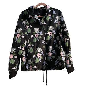 Converse Windbreaker Basketball Jacket Size XL Hoop Floral Leaf Black Snap Up